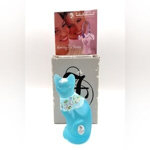 Vintage Fenton Aqua Blue Cat Frosted Glass Hand Painted - Signed L. Everson EUC